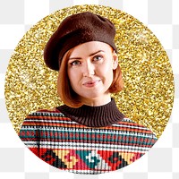 Png beret woman badge sticker, gold glitter circle shape, transparent background