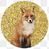 Fox png badge sticker, gold glitter circle shape, transparent background