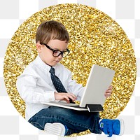 Png kid using laptop badge sticker, gold glitter circle shape, transparent background