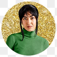 Png woman wearing turtleneck badge sticker, gold glitter circle shape, transparent background