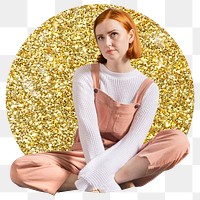 Teenage girl png badge sticker, gold glitter circle shape, transparent background