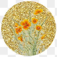 Png yellow Mexican poppy flower badge sticker, gold glitter circle shape, transparent background