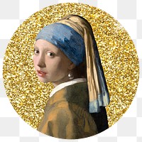 Png Girl with a Pearl Earring badge sticker, Johannes Vermeer's famous artwork, gold glitter circle shape, transparent background remixed by rawpixel