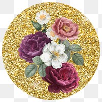 Roses png badge sticker, gold glitter circle shape, transparent background