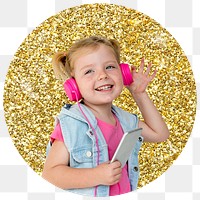 Png girl enjoying music badge sticker, gold glitter circle shape, transparent background