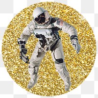 Astronaut png badge sticker, gold glitter circle shape, transparent background