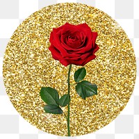 Red rose png badge sticker, gold glitter circle shape, transparent background