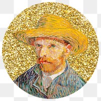 Png Van Gogh's Self-Portrait badge sticker, gold glitter circle shape, transparent background remixed by rawpixel