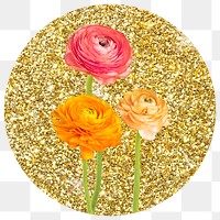 Ranunculus flower png badge sticker, gold glitter circle shape, transparent background