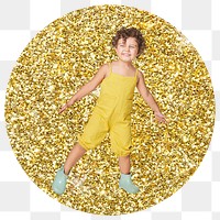 Little kid png badge sticker, gold glitter round shape, transparent background