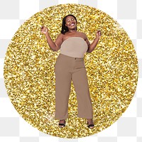 Png joyful African woman badge sticker, gold glitter round shape transparent background