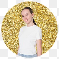 Teenage woman png badge sticker, gold glitter round shape transparent background