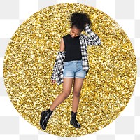 African teenager png badge sticker, gold glitter round shape transparent background