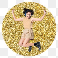 Happy woman png badge sticker, gold glitter round shape transparent background