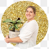 Png woman holding plant badge sticker, gold glitter round shape transparent background