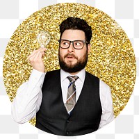 Bearded businessman png badge sticker, gold glitter round shape, transparent background