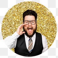 Businessman screaming png badge sticker, gold glitter round shape, transparent background