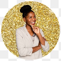 African businesswoman png badge sticker, gold glitter round shape, transparent background