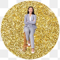 Businesswoman sitting png badge sticker, gold glitter round shape, transparent background