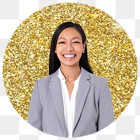 Smiling businesswoman png badge sticker, gold glitter round shape, transparent background