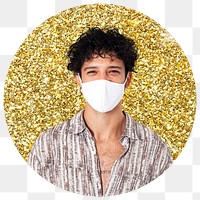 Png man wearing mask badge sticker, gold glitter round shape, transparent background