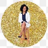 Confident businesswoman png badge sticker, gold glitter round shape, transparent background