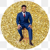 Confident businessman png badge sticker, gold glitter round shape, transparent background
