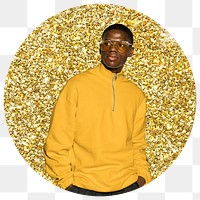 African man png fashion badge sticker, gold glitter round shape transparent background