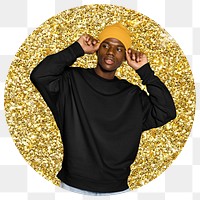 Man wearing beanie png badge sticker, gold glitter round shape transparent background