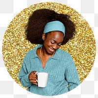 Png woman drinking coffee badge sticker, gold glitter round shape transparent background