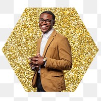 Businessman png badge sticker, gold glitter hexagon shape, transparent background