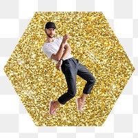 Male dancer png badge sticker, gold glitter hexagon shape, transparent background