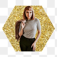 Businesswoman png badge sticker, gold glitter hexagon shape, transparent background