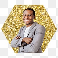 Happy businessman png badge sticker, gold glitter hexagon shape, transparent background