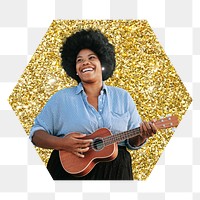Png woman playing ukulele badge sticker, gold glitter hexagon shape, transparent background