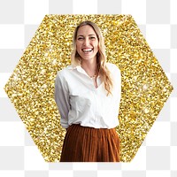 Businesswoman png badge sticker, gold glitter hexagon shape, transparent background