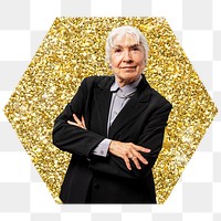 Senior businesswoman png badge sticker, gold glitter hexagon shape, transparent background