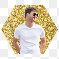 Happy man png badge sticker, gold glitter hexagon shape, transparent background