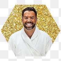 Man in spa png badge sticker, gold glitter hexagon shape, transparent background