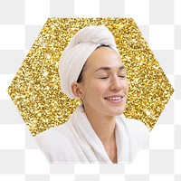 Woman in spa png badge sticker, gold glitter hexagon shape, transparent background