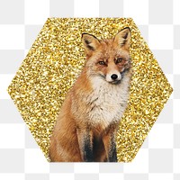 Fox png badge sticker, gold glitter hexagon shape, transparent background