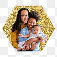 Cute family png badge sticker, gold glitter hexagon shape, transparent background