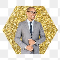 Businessman png badge sticker, gold glitter hexagon shape, transparent background