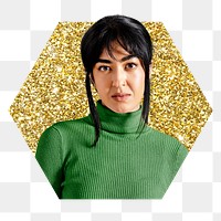 Png woman wearing turtleneck badge sticker, gold glitter hexagon shape, transparent background