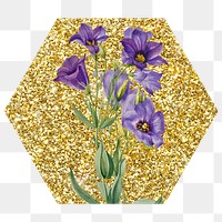 Png Texas bluebell flower badge sticker, gold glitter hexagon shape, transparent background