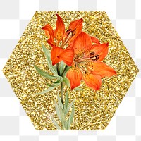 Red lily png badge sticker, gold glitter hexagon shape, transparent background