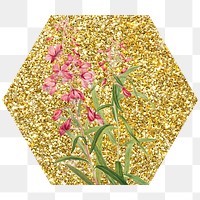 Fireweed flower png badge sticker, gold glitter hexagon shape, transparent background