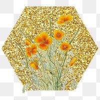 Png yellow Mexican poppy flower badge sticker, gold glitter hexagon shape, transparent background