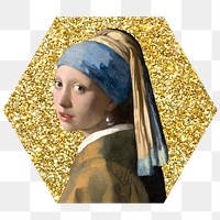 Png Girl with a Pearl Earring badge sticker, Johannes Vermeer's famous artwork, gold glitter hexagon shape, transparent background remixed by rawpixel
