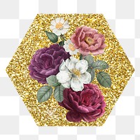 Roses png badge sticker, gold glitter hexagon shape, transparent background